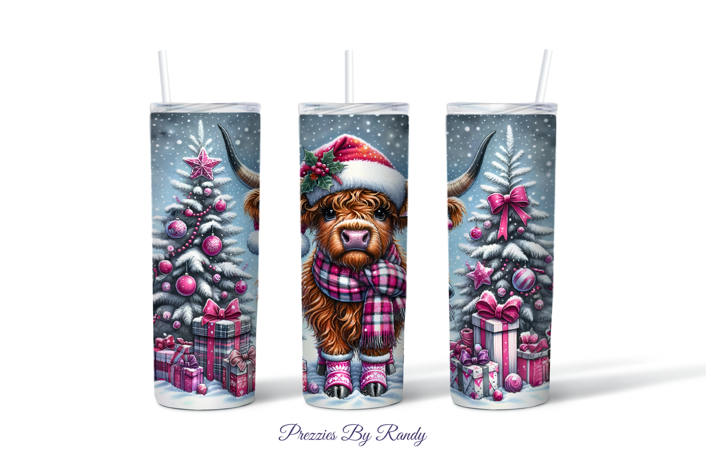 Pink Christmas Highland Cow Tumbler