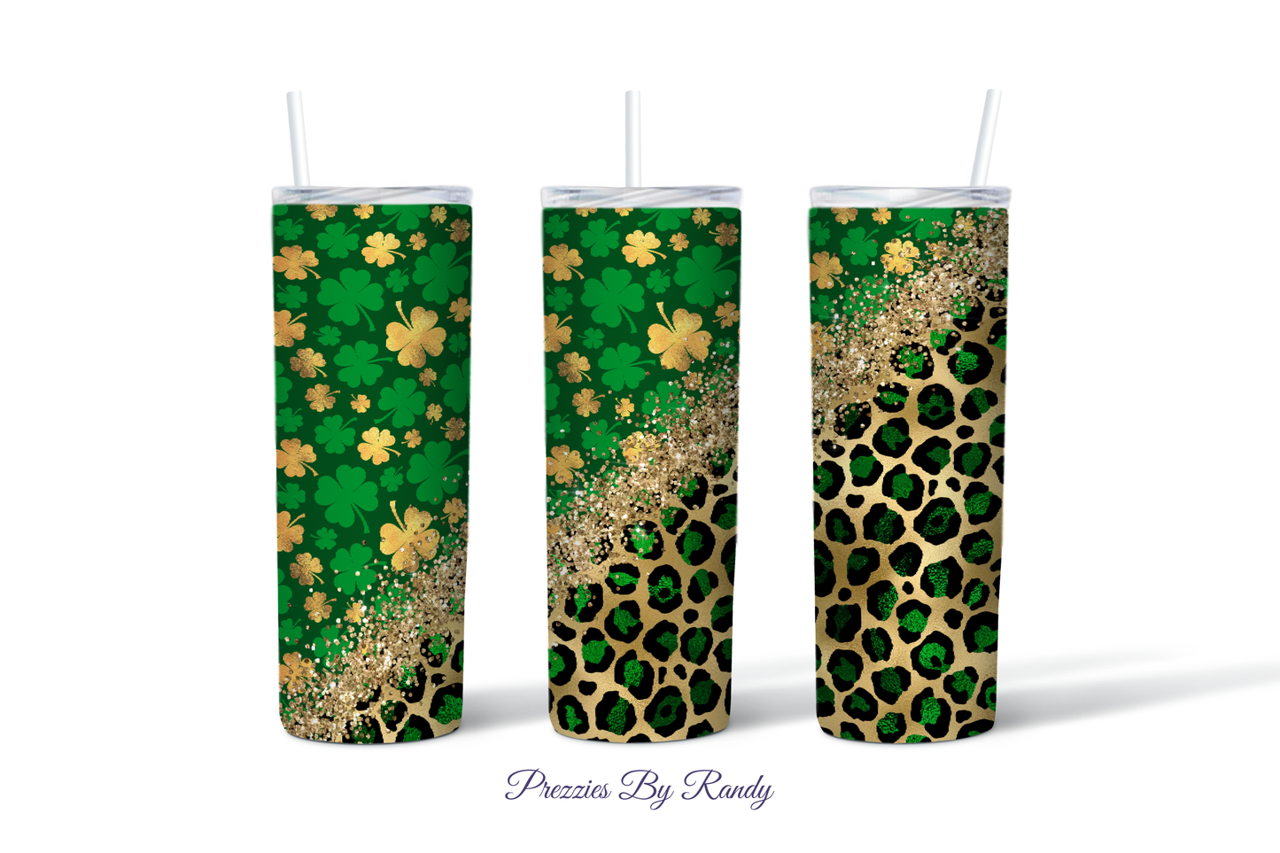 Green Glitter Leopard Clover Tumbler