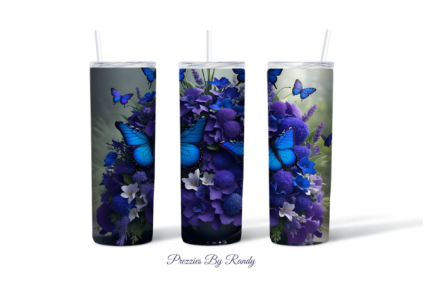 3D Blue Purple Flowers Butterflies Tumbler-Mockup